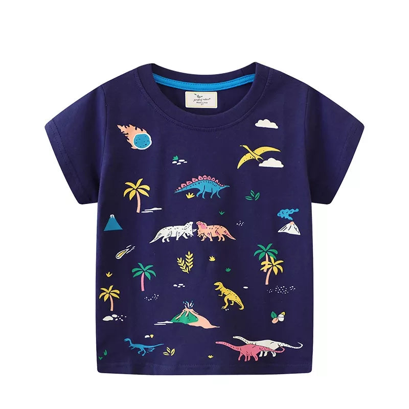 Kids Dinosaur T-Shirt – Soft Cotton Short Sleeve Tee for Boys & Girls (Dark Navy)