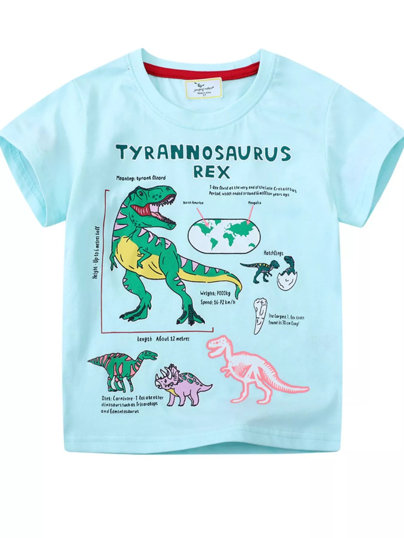Kids Dinosaur T-Shirt – Soft Cotton Graphic Tee for Boys & Girls (Aqua)