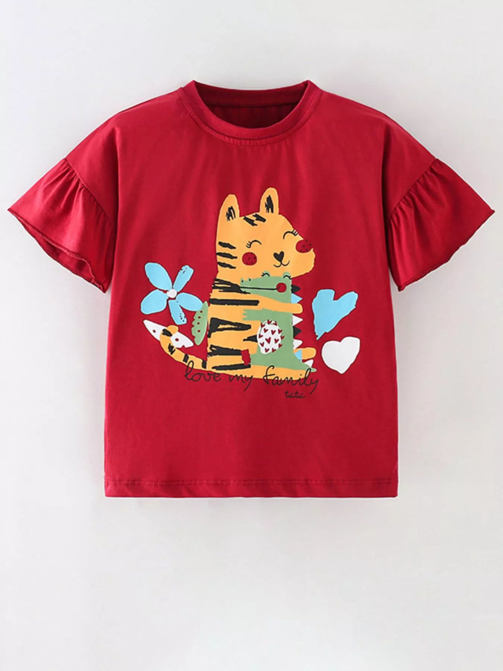 Girls Cartoon Tiger Ruffle Sleeve T-Shirt - Soft Cotton Graphic Tee for Kids
