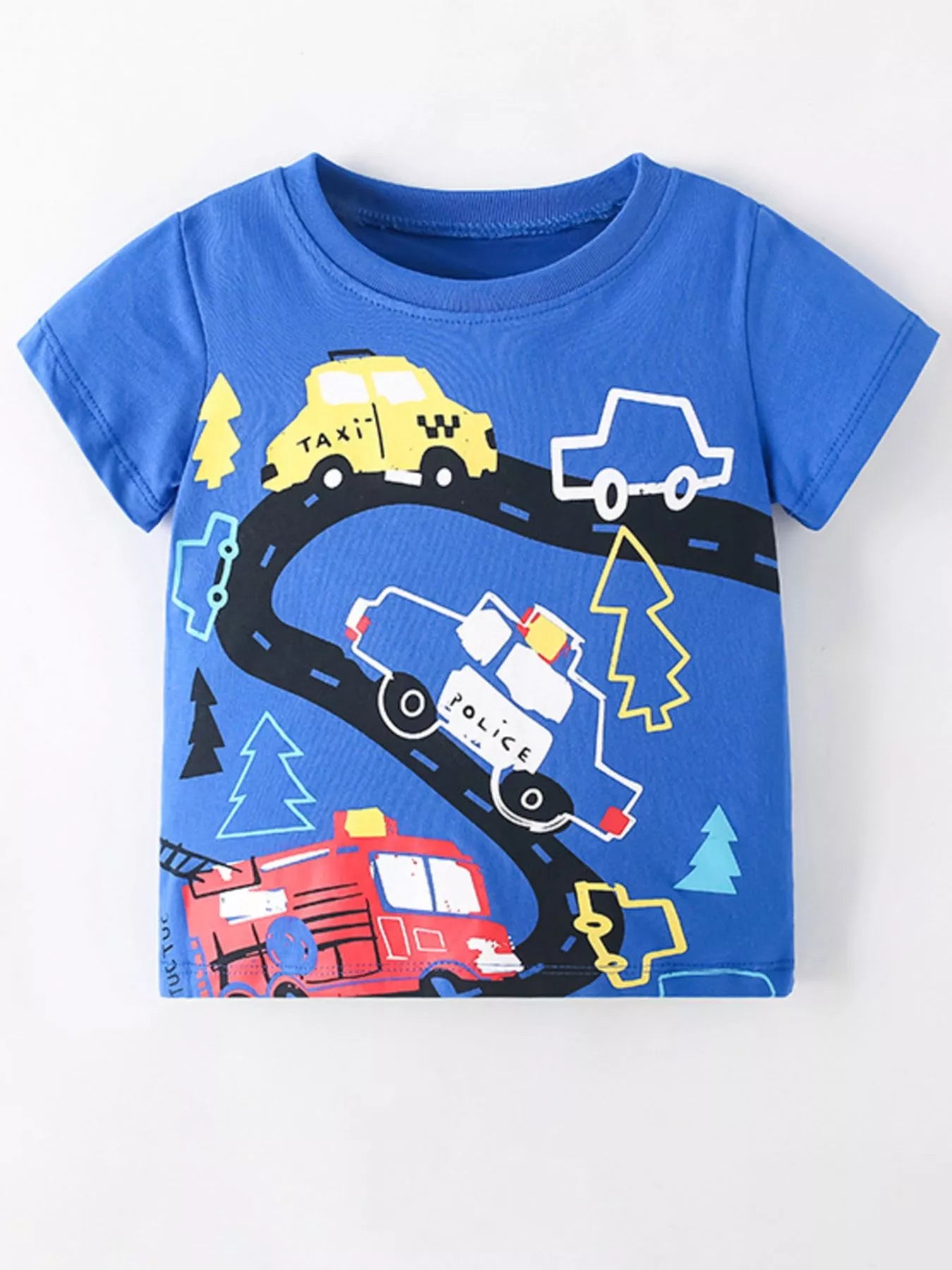 Kids Vehicle Print T-Shirt – Soft Cotton Crew Neck Tee for Boys & Girls (Royal Blue)
