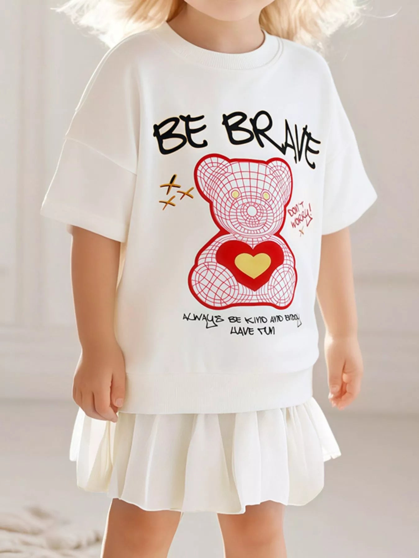 Girls Bear Graphic Sweatshirt Dress - Soft Short Sleeve Pullover for Kids