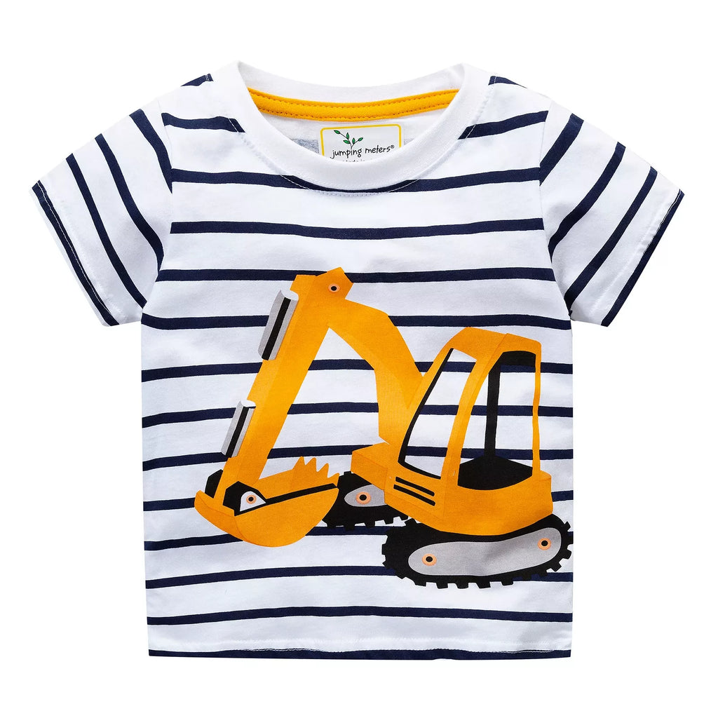 Kids Construction Excavator T-Shirt | Soft Cotton Striped Tee for Boys & Girls